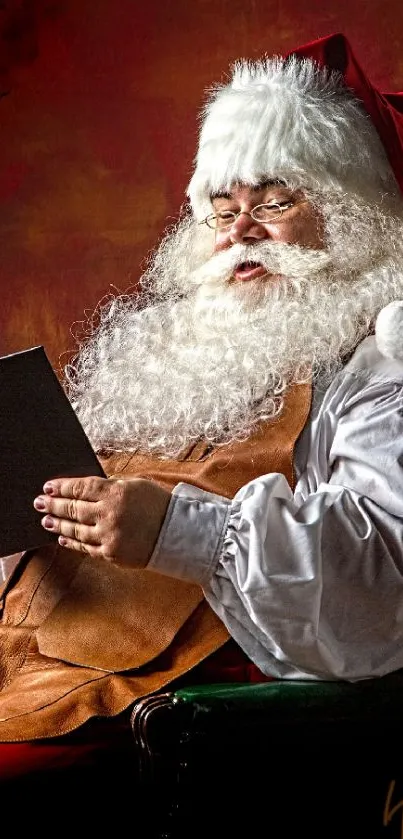 Vibrant Santa Claus reading in festive mobile wallpaper.