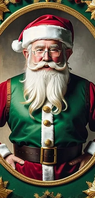 Santa Claus in green and red framed by holiday decorations.