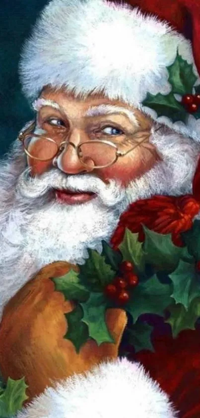 Santa Claus with holly and festive colors on mobile wallpaper.