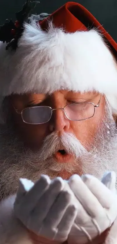 Santa Claus with glasses blowing snow, wearing red and white suit.