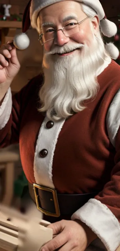 Santa Claus in festive holiday attire.