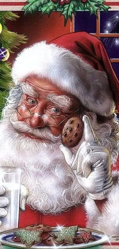 Santa Claus with milk and cookies by a Christmas tree.