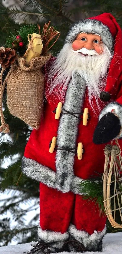 Jolly Santa Claus in red suit with gifts against snowy evergreen.