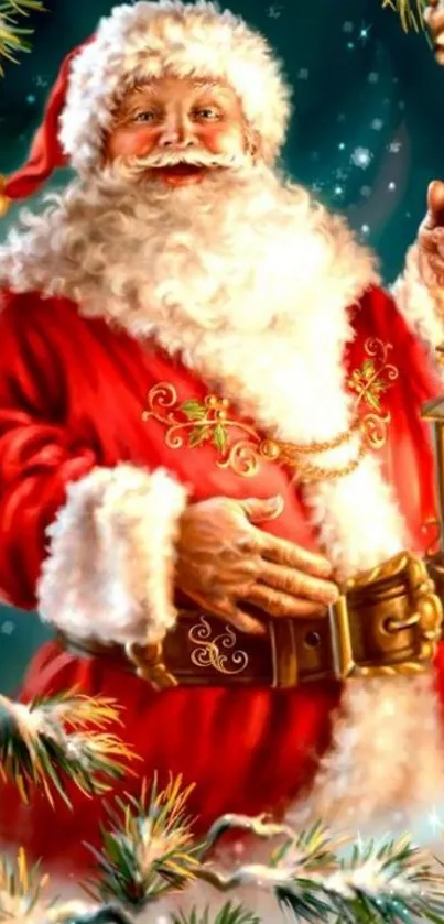 Vibrant Santa Claus holding lantern.