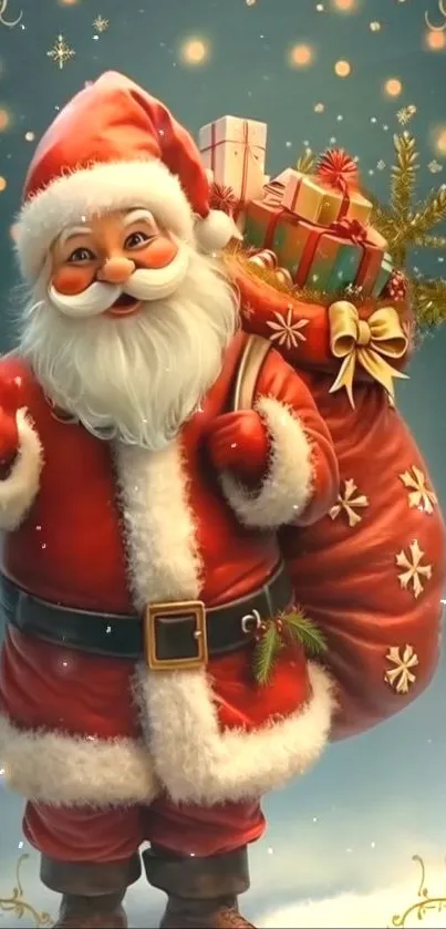 Santa Claus with gift sack in festive decor