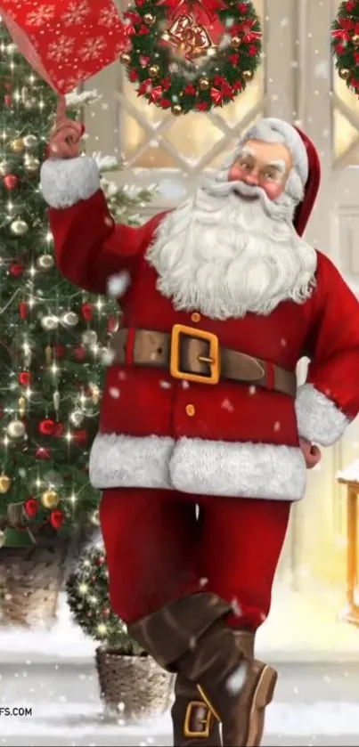 Santa Claus in red suit with Christmas tree and decor.