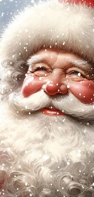 Smiling Santa Claus with snowfall background.