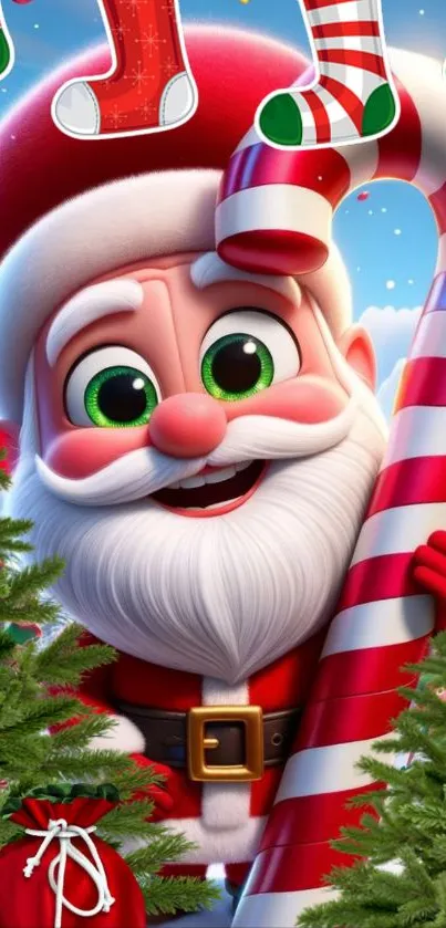 Santa Claus with candy cane in festive setting.