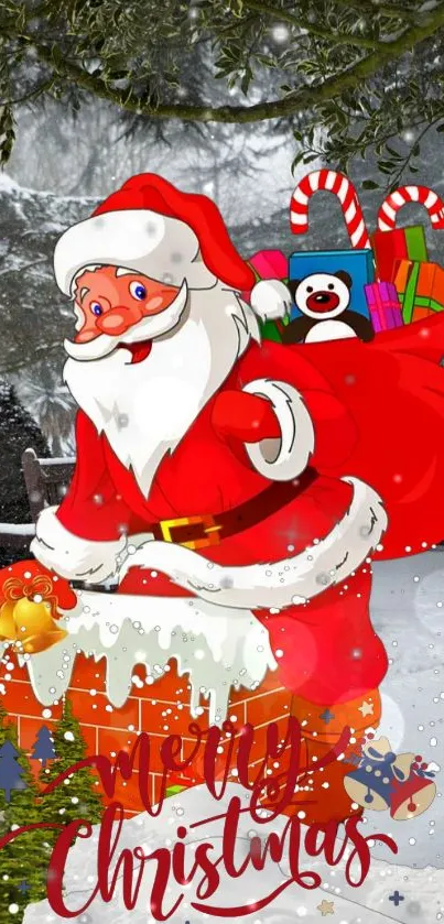 Santa Claus with gifts in snowy Christmas scene wallpaper.