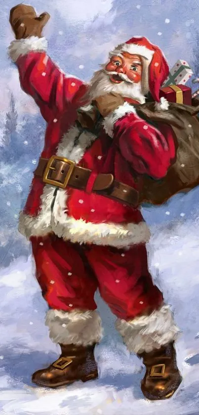 Santa Claus in red suit with gift bag in snowy scene.