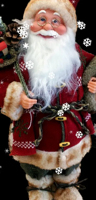 Festive Santa Claus in red attire carrying gifts, spreading holiday cheer.