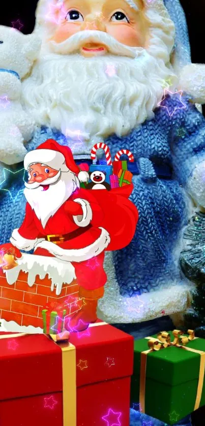 Santa Claus with gifts and teddy bear in festive mobile wallpaper.