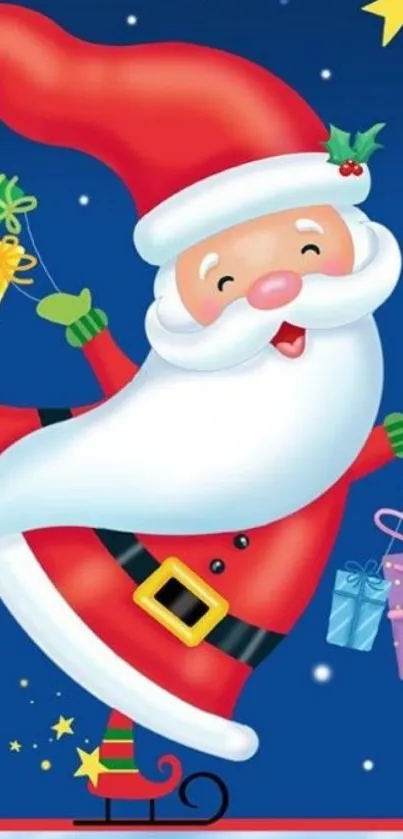 Cartoon Santa Claus with gifts on a blue background.