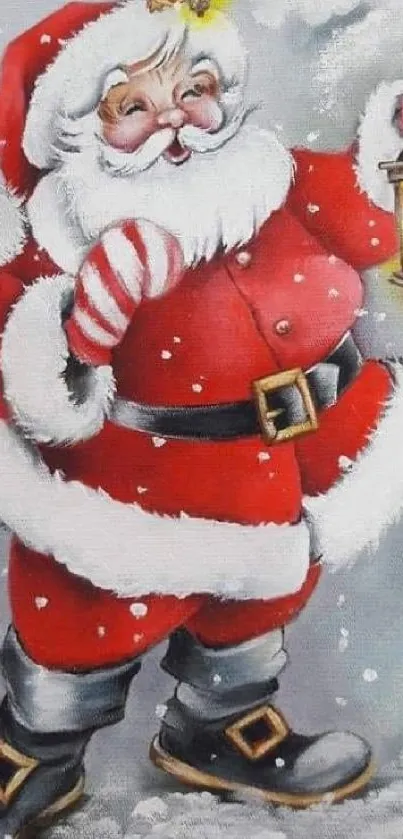 Jolly Santa Claus holding a lantern mobile wallpaper.