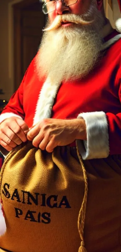 Santa Claus holding a gift sack in front of a Christmas tree.