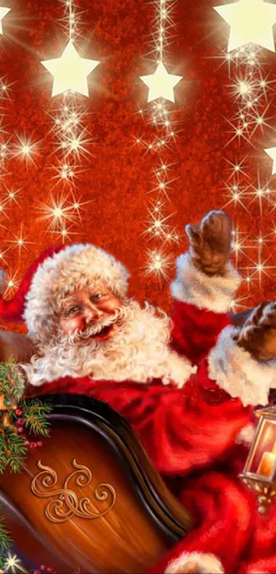 Santa Claus in a sleigh with stars, festive holiday wallpaper.