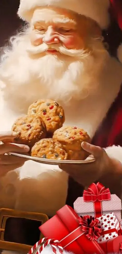 Santa Claus holding cookies holiday wallpaper.