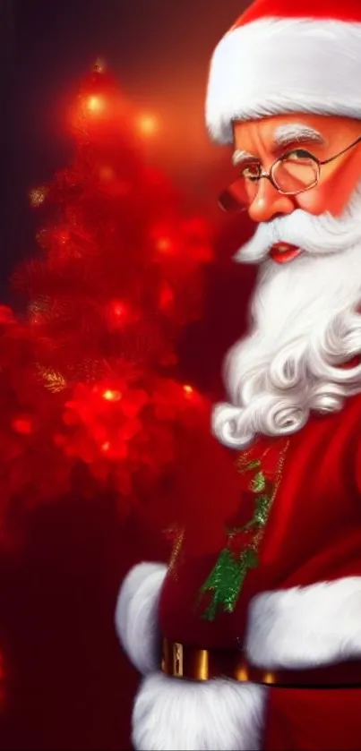 Santa Claus with a bright red Christmas tree background.