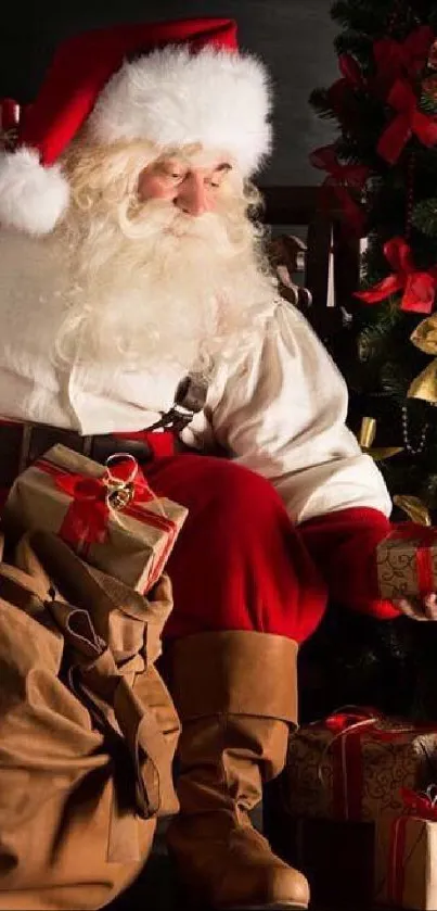 Santa Claus with gifts beside a decorated Christmas tree.