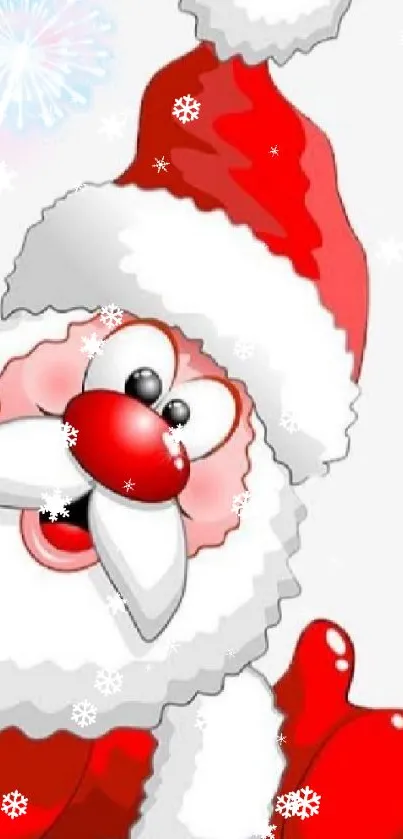 Cartoon Santa Claus in red suit with snowflake design.