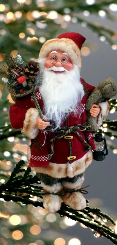 Festive Santa Claus ornament on a tree with Christmas lights.