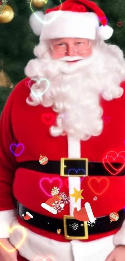 Santa Claus in red suit surrounded by colorful hearts and festive decorations.