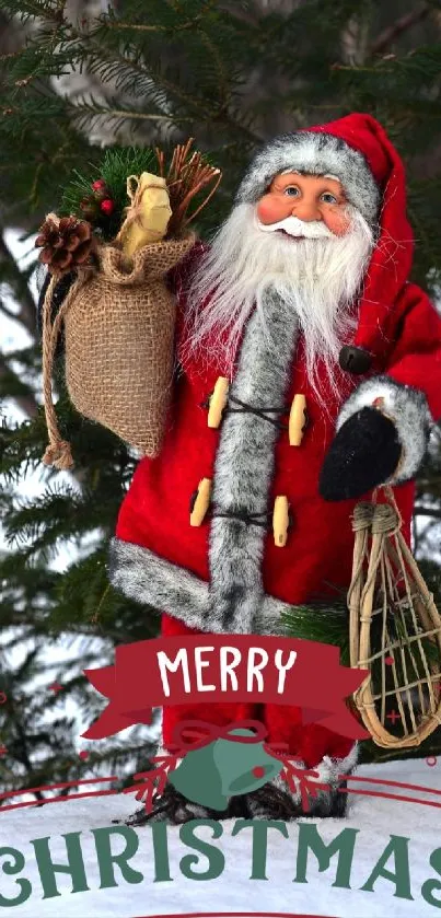 Santa Claus in red suit with Christmas tree background.