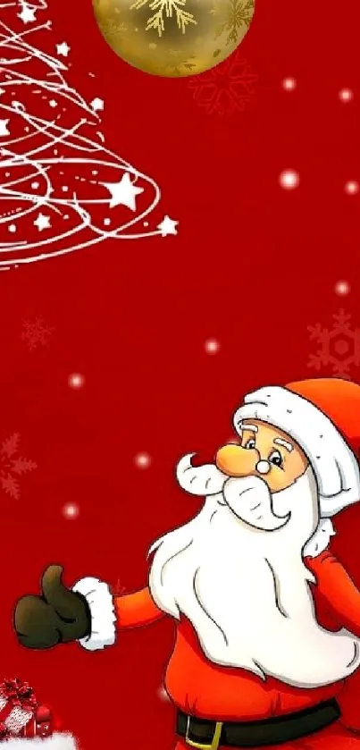 Cheerful Santa Claus on red festive background with Christmas theme.