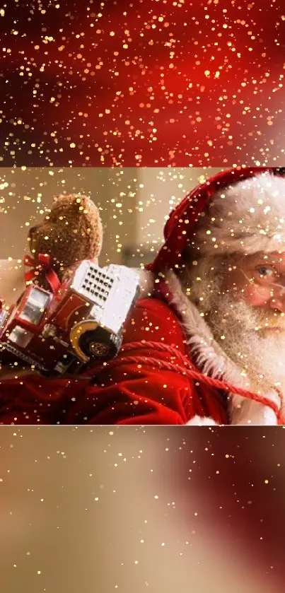 Santa Claus with gifts in a festive red and gold sparkling wallpaper.