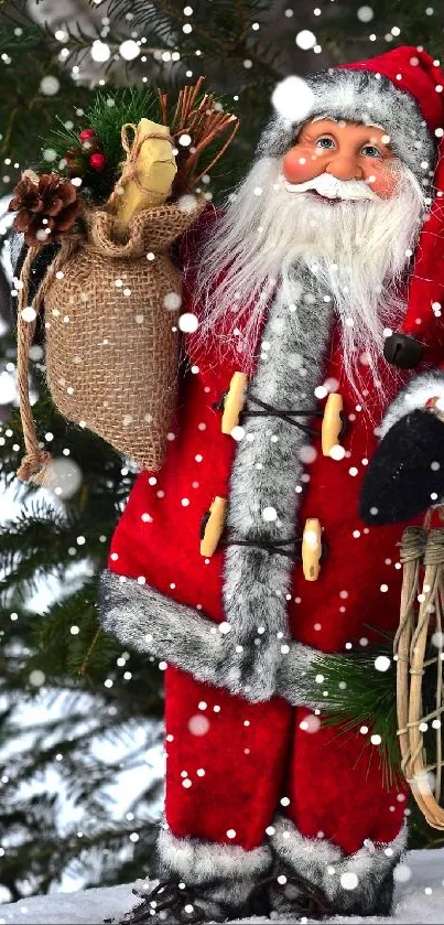 Santa Claus in red suit with snowflakes in a festive holiday scene.