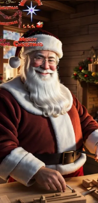 Santa Claus crafting toys in a festive Christmas setting.