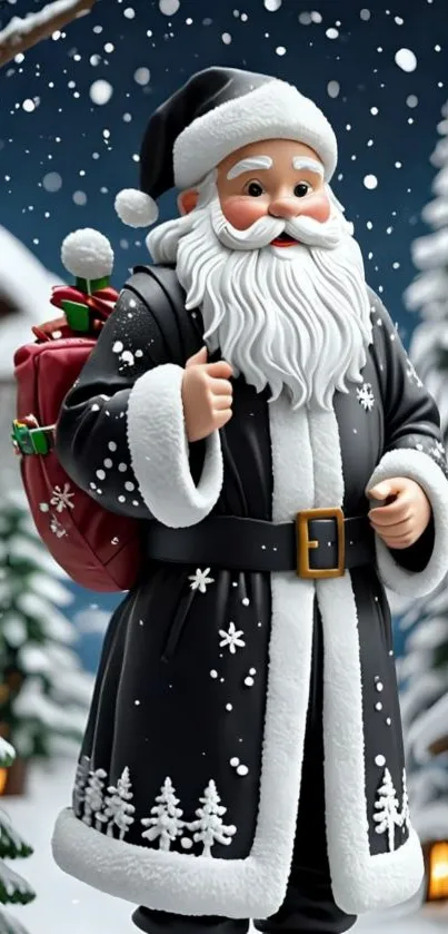 Santa Claus in a snowy night scene with festive decorations.