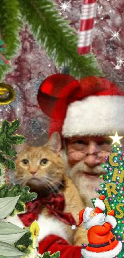 Santa Claus holding a cat with Christmas decor.