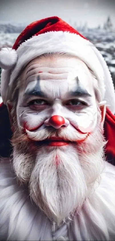 Santa Claus with clown makeup in a snowy holiday background.