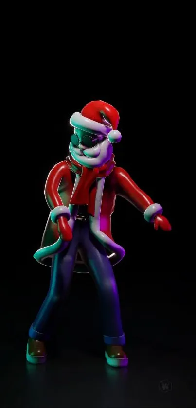 Santa Claus in red coat dancing with festive cheer on black background.