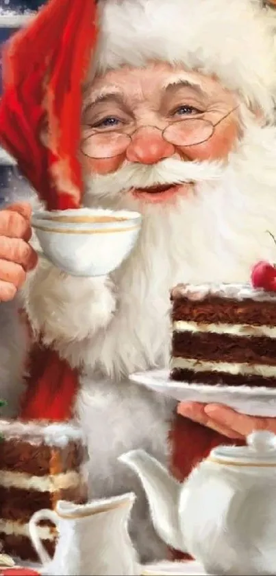 Santa Claus enjoying cake and tea in a festive holiday setting.