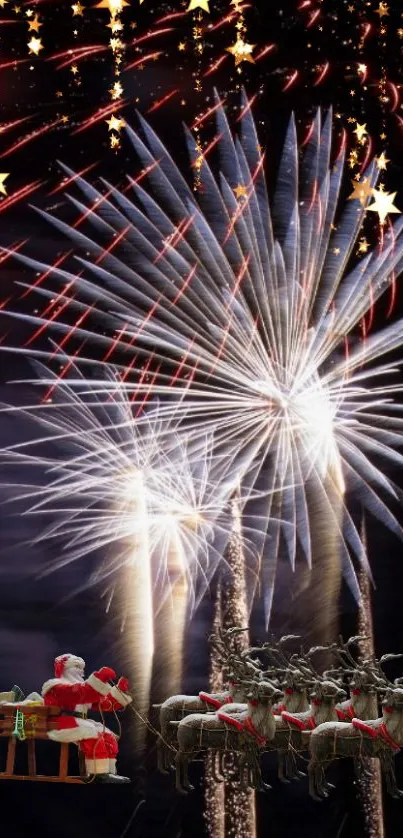 Santa and reindeer with festive fireworks display.