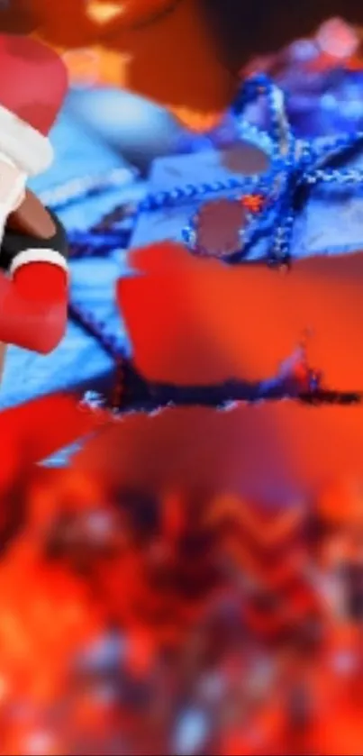 Santa Claus with red and blue festive gift wrap background.