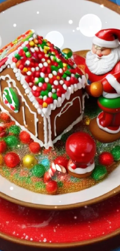 Festive decoration of Santa and gingerbread house on a colorful plate.