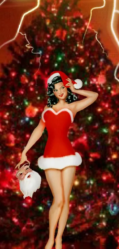 Santa girl in red dress with Christmas tree background.