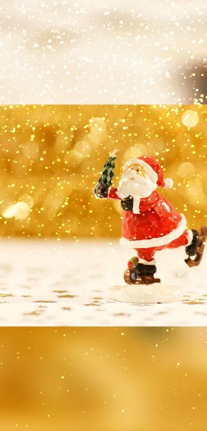 Joyful Santa Claus skating against a golden, glittery background.