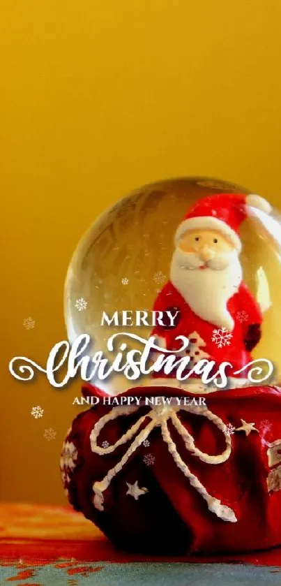 Santa snow globe on colorful table with yellow background.