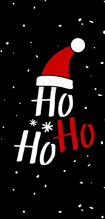 Ho Ho Ho text with Santa hat on snow-dotted black background.