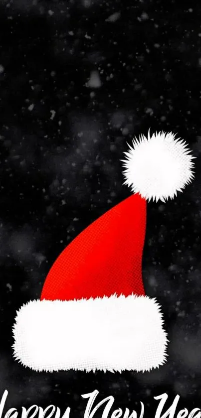 Red Santa hat on a snowy black background with 'Happy New Year' text.