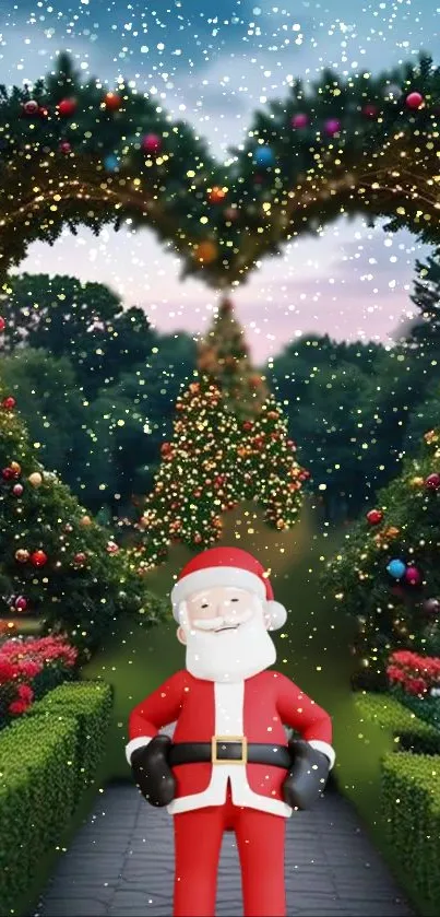 Santa Claus in a festive garden with a heart-shaped ornamented tree.