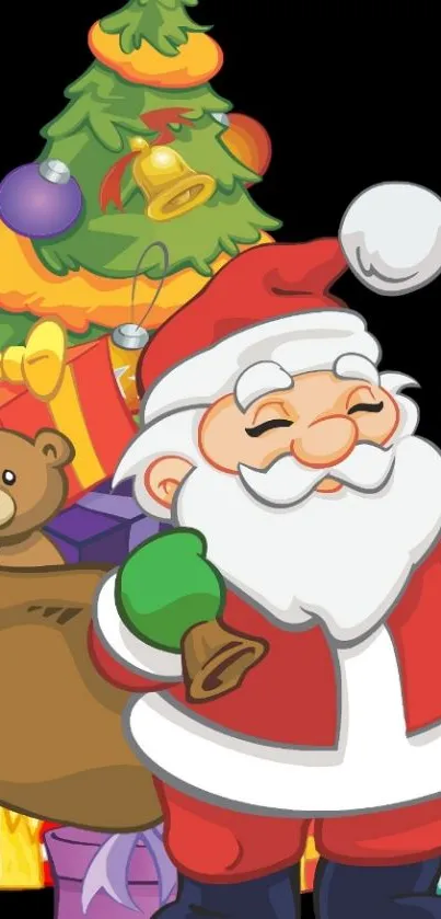 Santa Claus with gifts and Christmas tree on festive wallpaper.