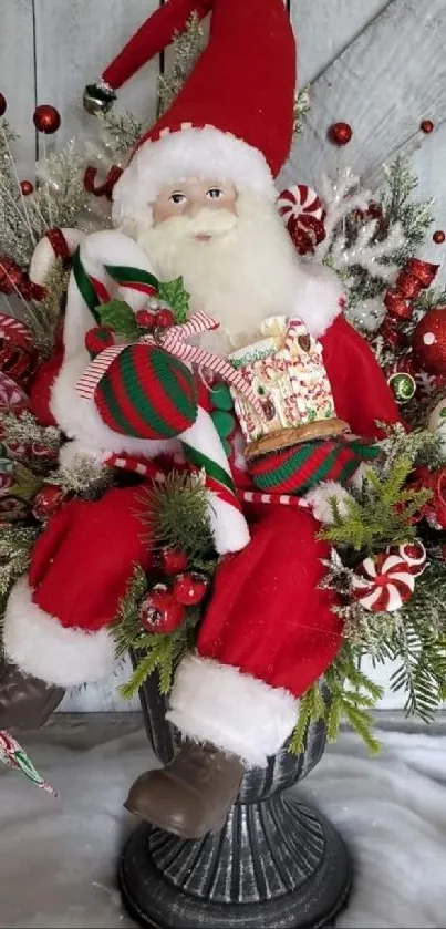 Santa Claus with holiday decorations and gifts.