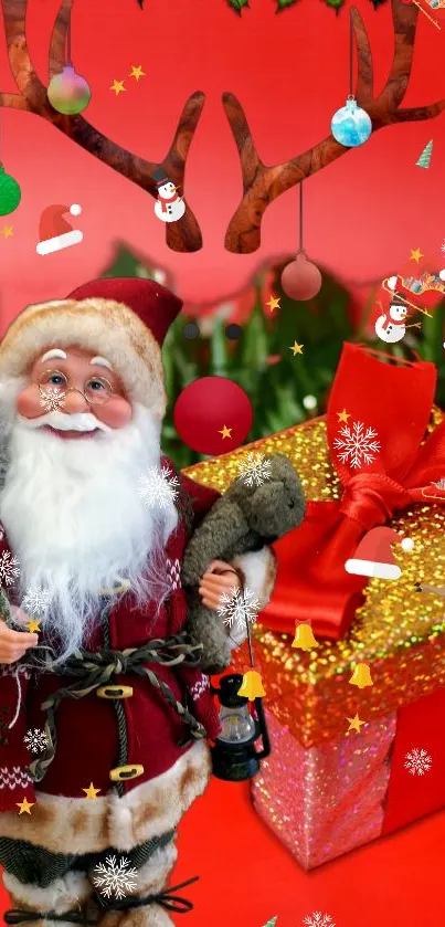 Santa Claus with gift box in festive Christmas scene.