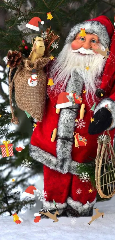 Santa Claus in red suit with gifts, snow and pine trees in festive wallpaper.