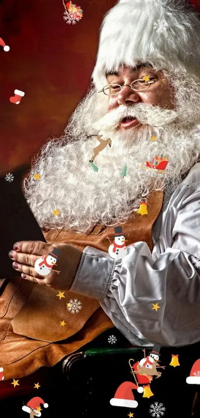 Santa Claus with snowmen in festive wallpaper, red background.